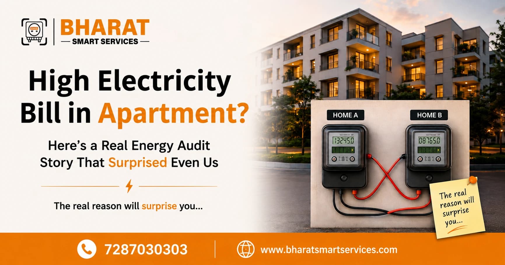 Split image showing a family confused by a high electricity bill despite switching off appliances, and a Bharat Smart Services technician investigating the electrical panel during an energy audit with a clamp meter