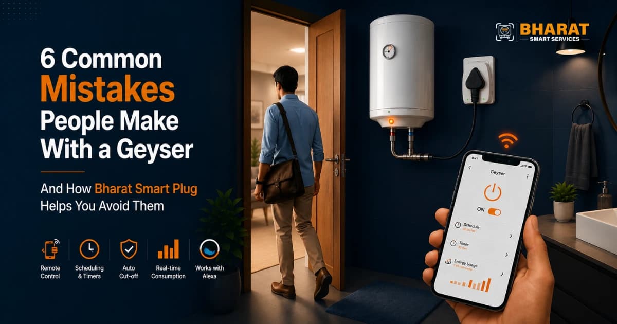 Illustration of a geyser and Bharat Smart Plug connected to a smart home app showing schedule and power toggle controls, representing smart control over geyser electricity usage