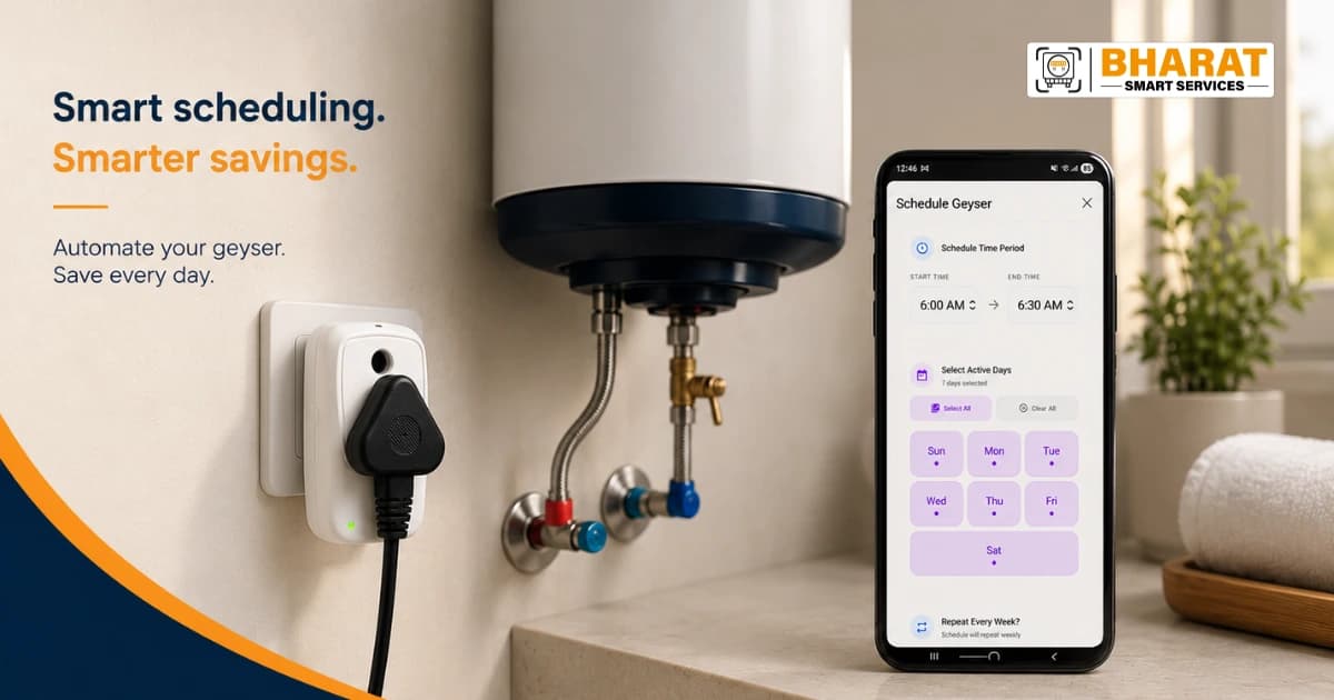 Smart plug for geyser installed on bathroom wall socket next to water heater