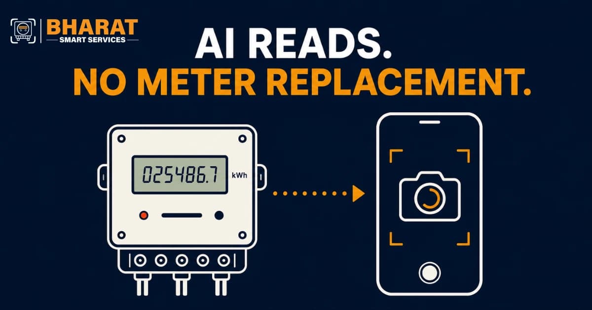 Illustration of an analog utility meter connected to a smartphone icon, representing AI-powered meter reading without hardware replacement