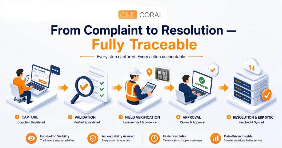 Illustration showing a consumer complaint moving through capture, validation, field evidence, approval, and ERP sync stages in One Coral
