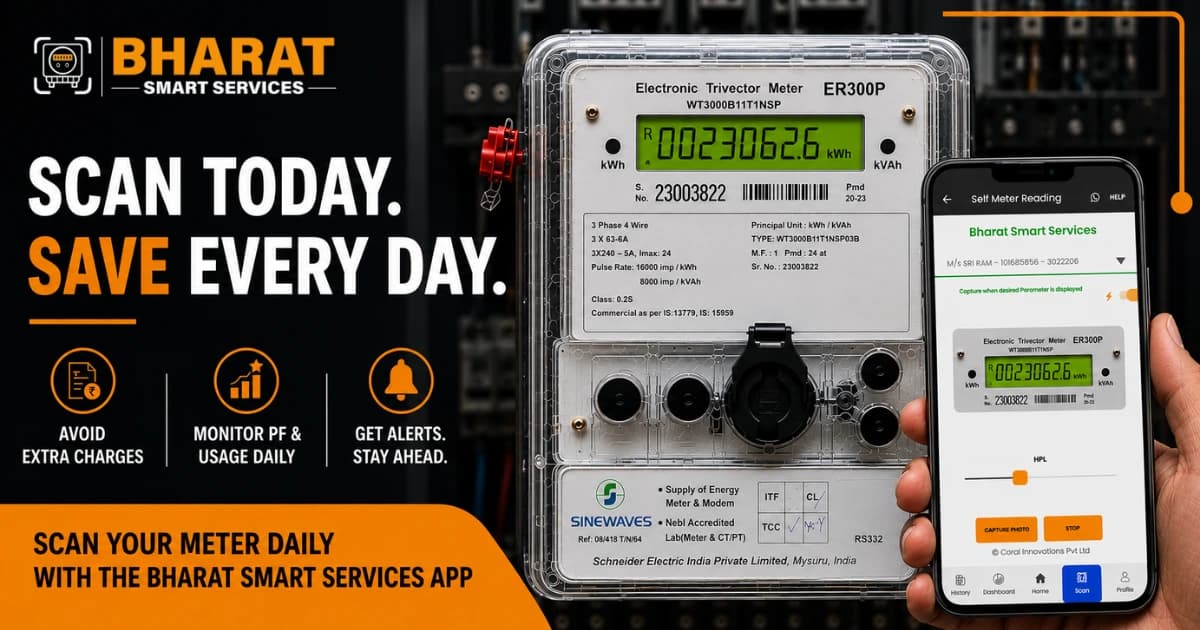 Industrial energy meter display being scanned with a phone camera using the Bharat Smart Services app to check power factor