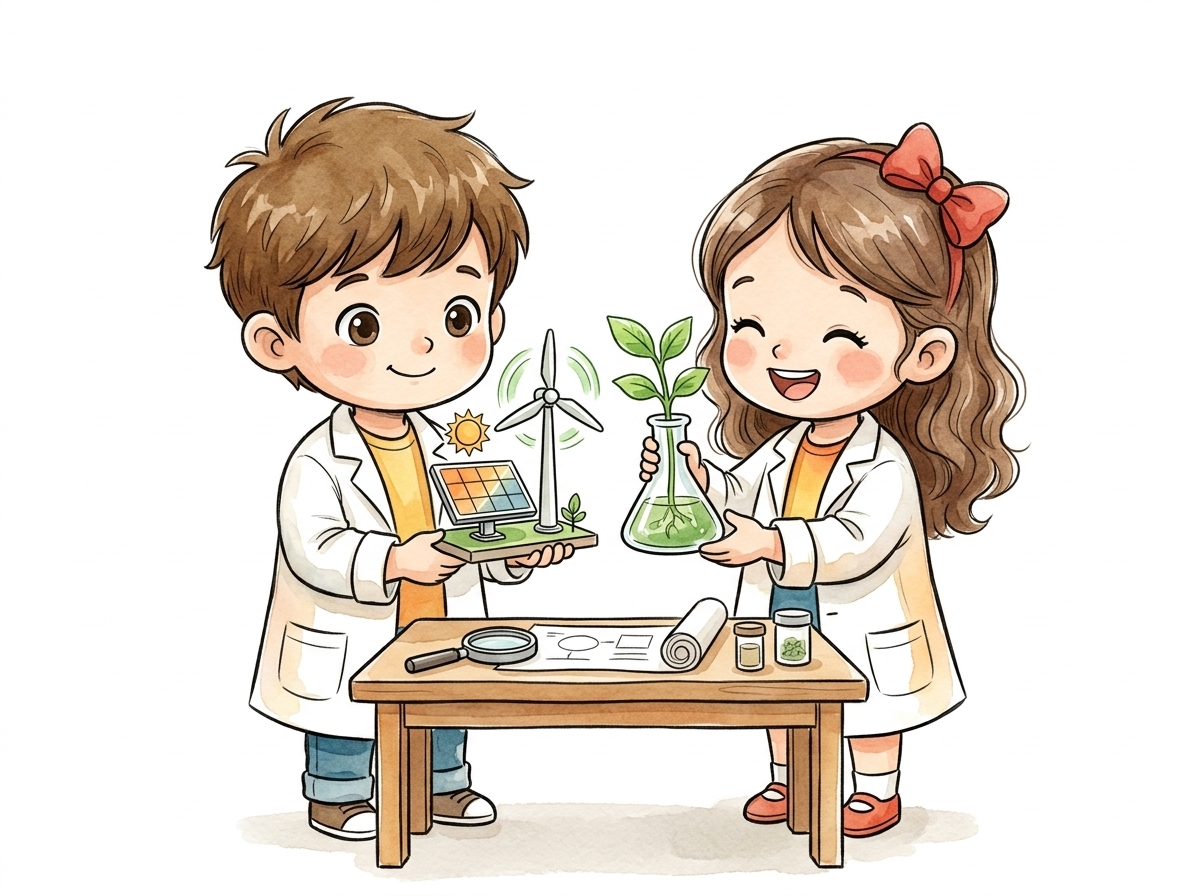 Young boy and girl child scientists with solar wind turbine and eco sprout