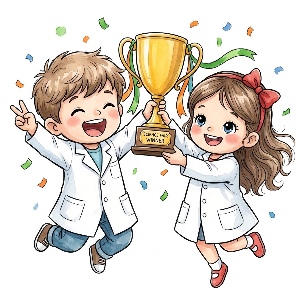 Winners celebrating with science fair trophy