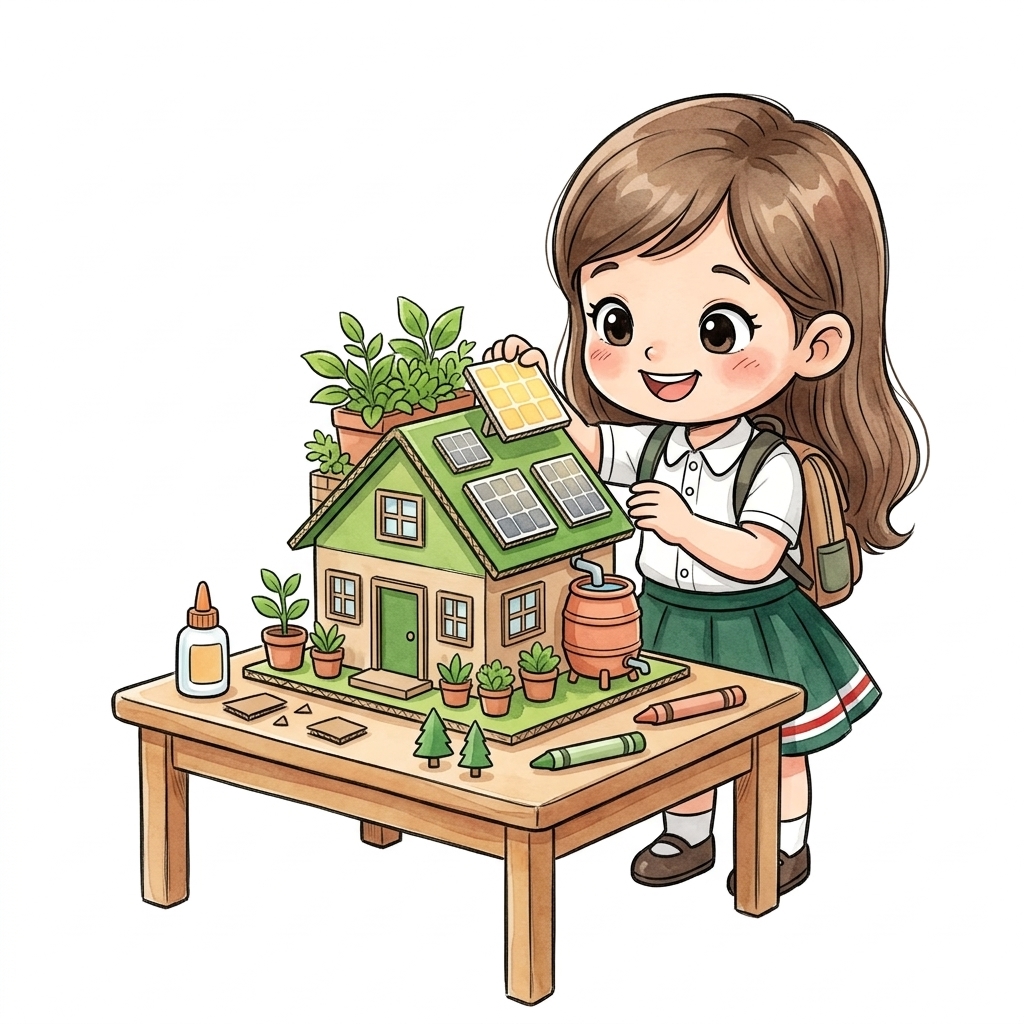 Girl student building miniature sustainable eco-home with solar rooftop