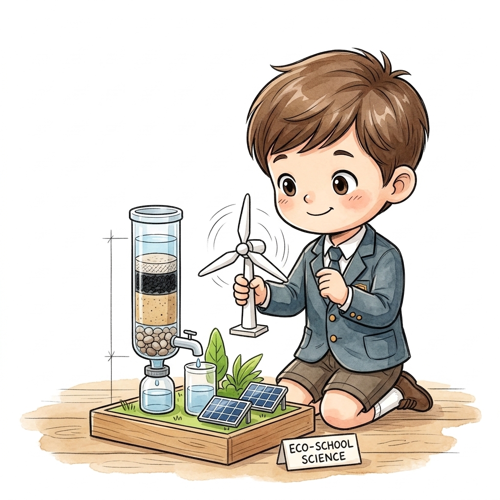 Boy student demonstrating clean energy wind turbine and eco water filtration system
